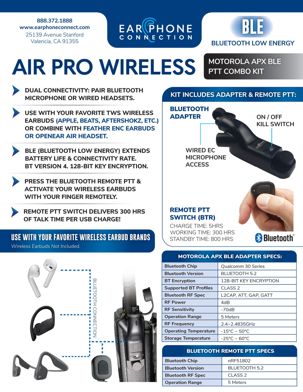 Air Pro Wireless Motorola Multi-Pin Radio Kit for Bluetooth Earbuds